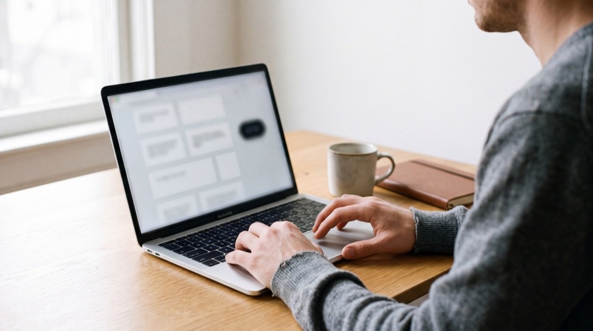 A designer's hands on a laptop at a bright studio desk