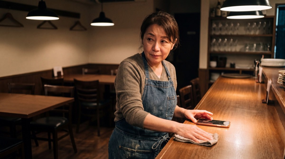 A restaurant owner at the bar late at night as her phone lights up with a message