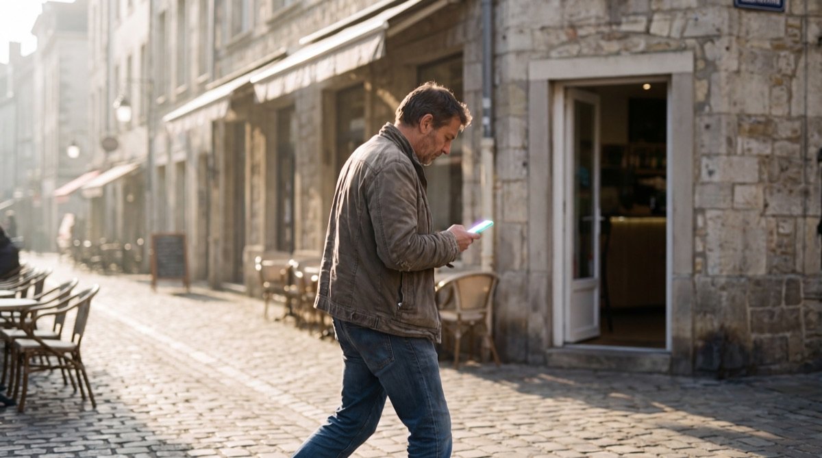 A man walking down a sunlit city street, checking a map on his phone